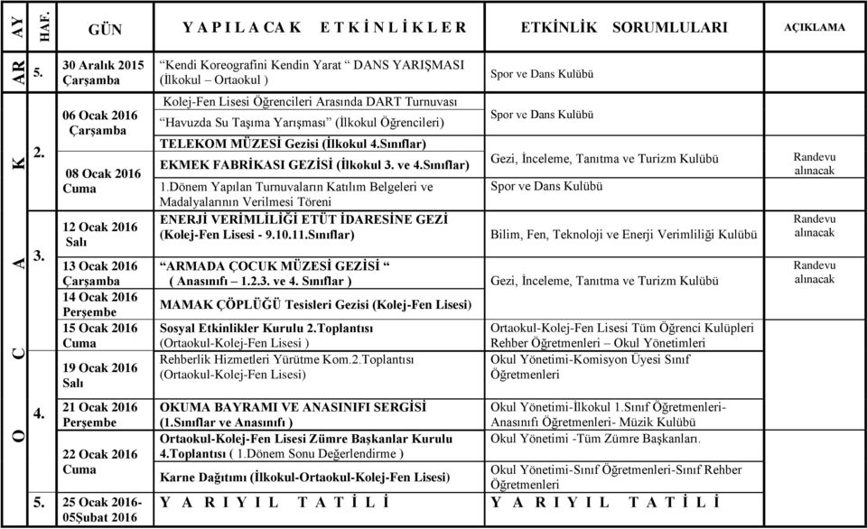 25 Ocak 2016-05Şubat 2016 Kendi Koreografini Kendin Yarat DANS YARIŞMASI (İlkokul Ortaokul ) Kolej-Fen Lisesi Öğrencileri Arasında DART Turnuvası Havuzda Su Taşıma Yarışması (İlkokul Öğrencileri)