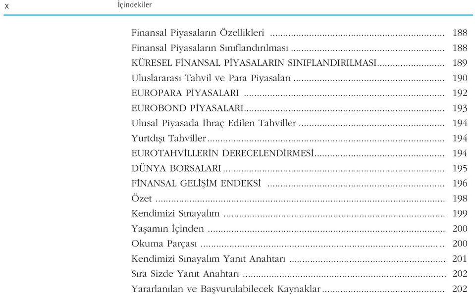 .. 194 Yurtd fl Tahviller... 194 EUROTAHV LLER N DERECELEND RMES... 194 DÜNYA BORSALARI... 195 F NANSAL GEL fi M ENDEKS... 196 Özet.