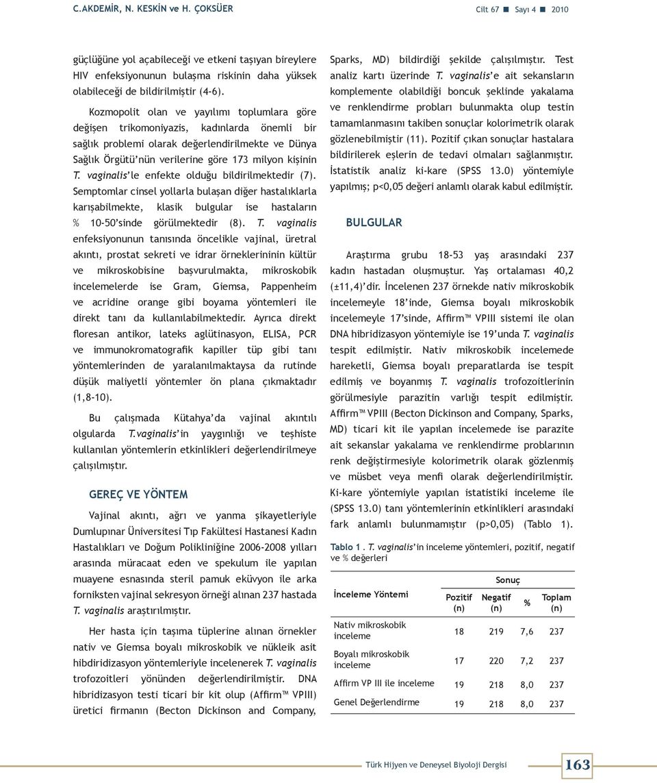 vaginalis le enfekte olduğu bildirilmektedir (7). Semptomlar cinsel yollarla bulaşan diğer hastalıklarla karışabilmekte, klasik bulgular ise hastaların % 10-50 sinde görülmektedir (8). T.