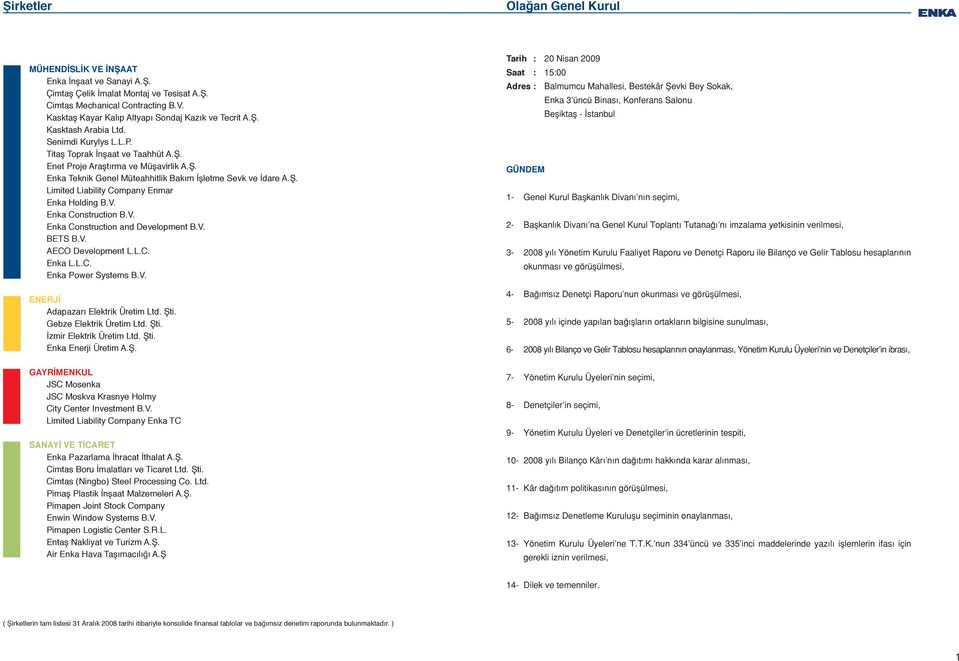 V. Enka Construction B.V. Enka Construction and Development B.V. BETS B.V. AECO Development L.L.C. Enka L.L.C. Enka Power Systems B.V. ENERJİ Adapazarı Elektrik Üretim Ltd. Şti.