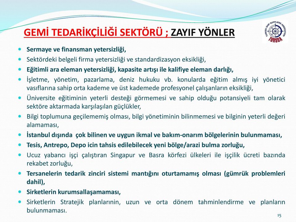 konularda eğitim almış iyi yönetici vasıflarına sahip orta kademe ve üst kademede profesyonel çalışanların eksikliği, Üniversite eğitiminin yeterli desteği görmemesi ve sahip olduğu potansiyeli tam