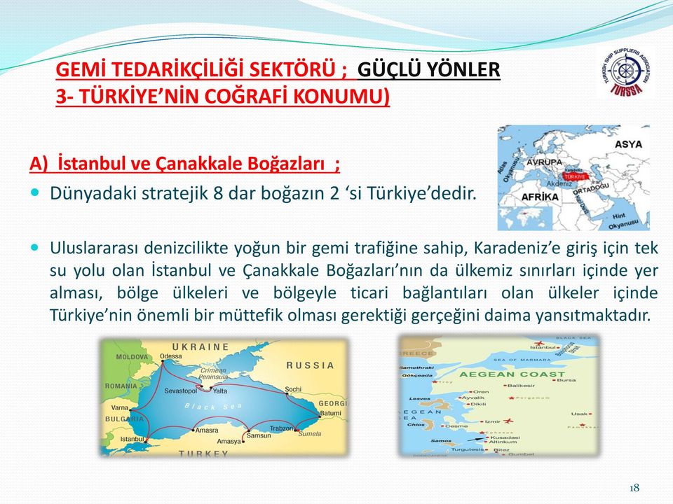 Uluslararası denizcilikte yoğun bir gemi trafiğine sahip, Karadeniz e giriş için tek su yolu olan İstanbul ve Çanakkale