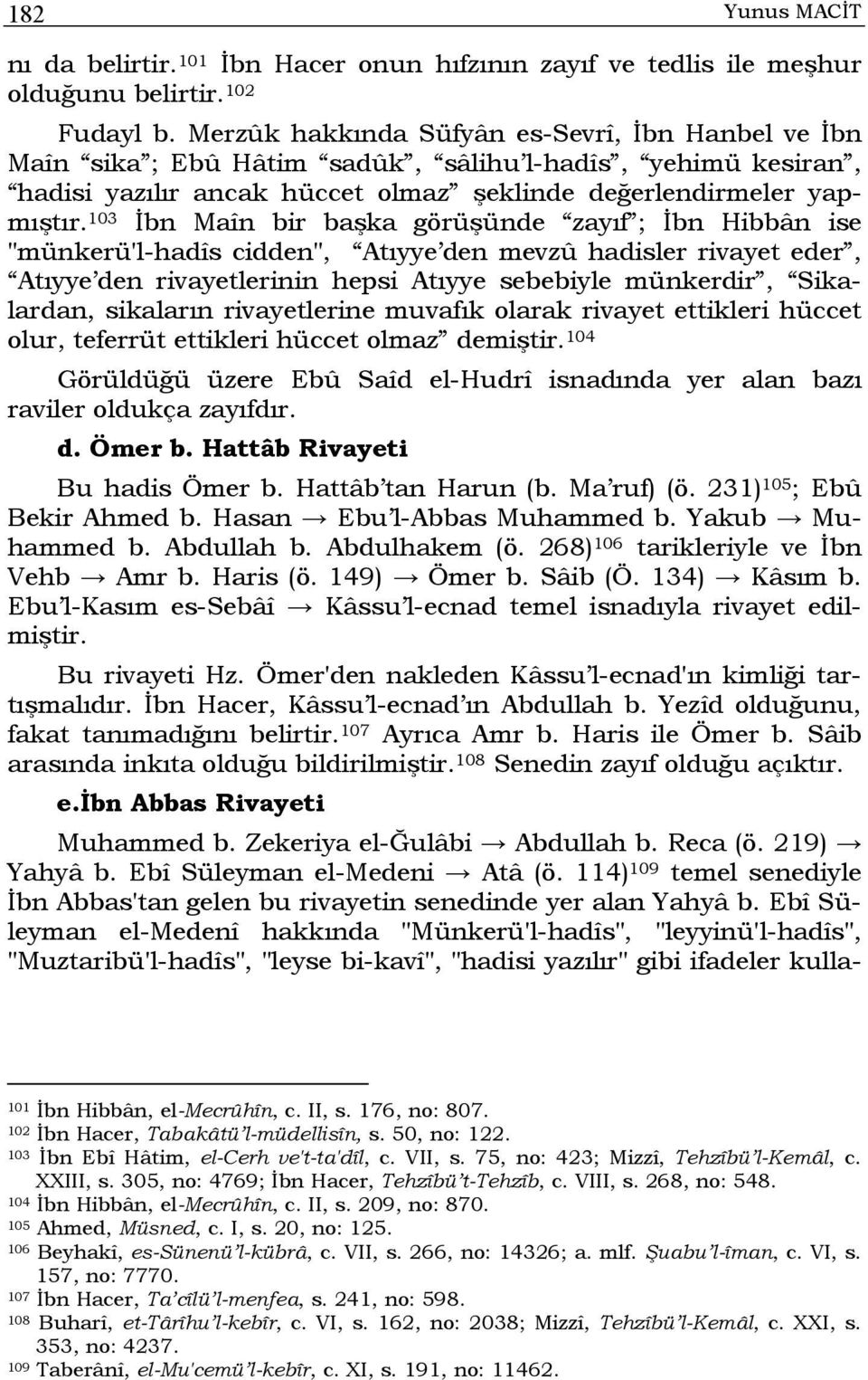 103 İbn Maîn bir başka görüşünde zayıf ; İbn Hibbân ise "münkerü'l-hadîs cidden", Atıyye den mevzû hadisler rivayet eder, Atıyye den rivayetlerinin hepsi Atıyye sebebiyle münkerdir, Sikalardan,