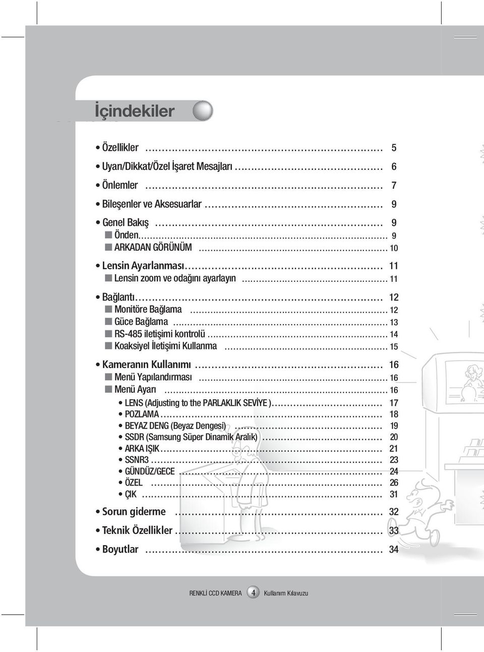 Kullanma 15 Kameranın Kullanımı 16 Menü Yapılandırması 16 Menü Ayarı 16 LENS (Adjusting to the PARLAKLIK SEVİYE ) 17 POZLAMA 18 BEYAZ DENG (Beyaz Dengesi)