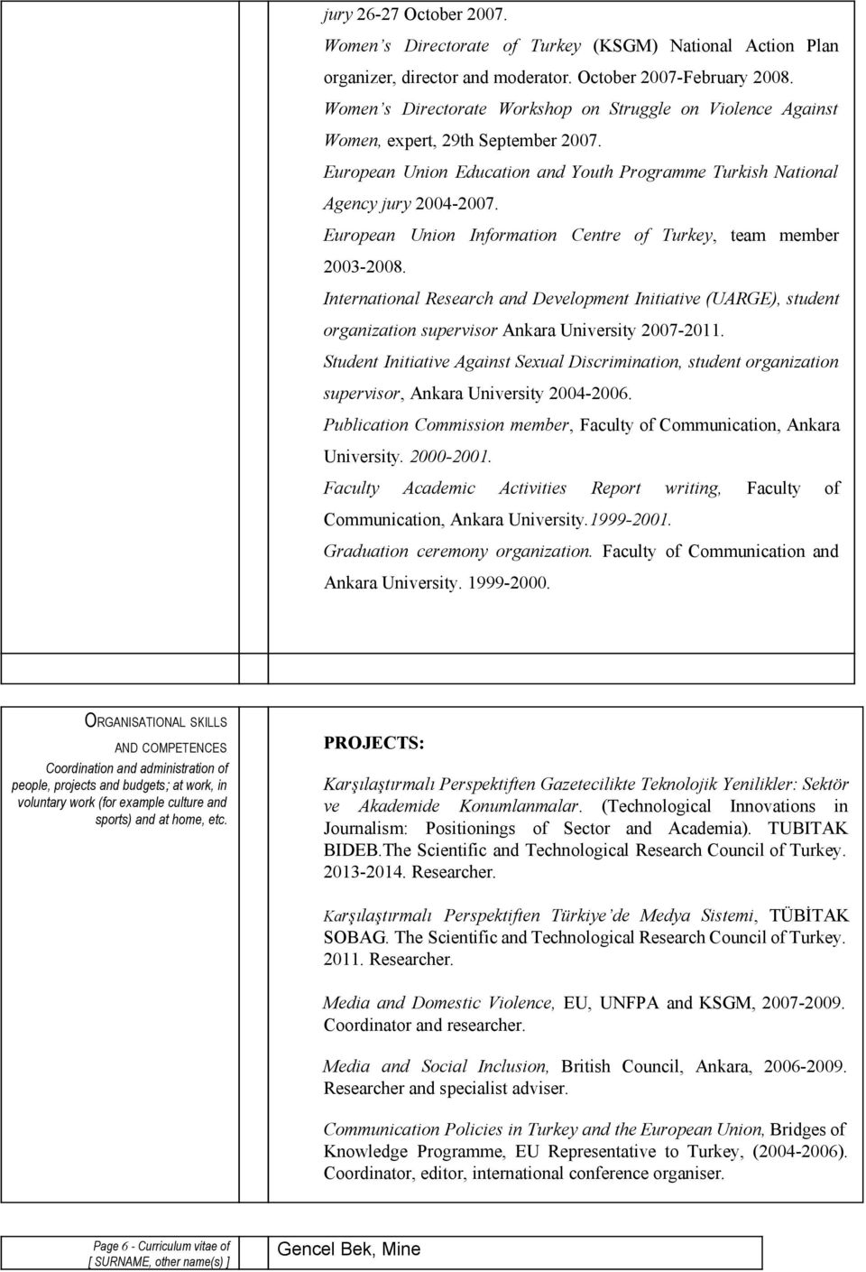 European Union Information Centre of Turkey, team member 2003 2008. International Research and Development Initiative (UARGE), student organization supervisor Ankara University 2007 2011.