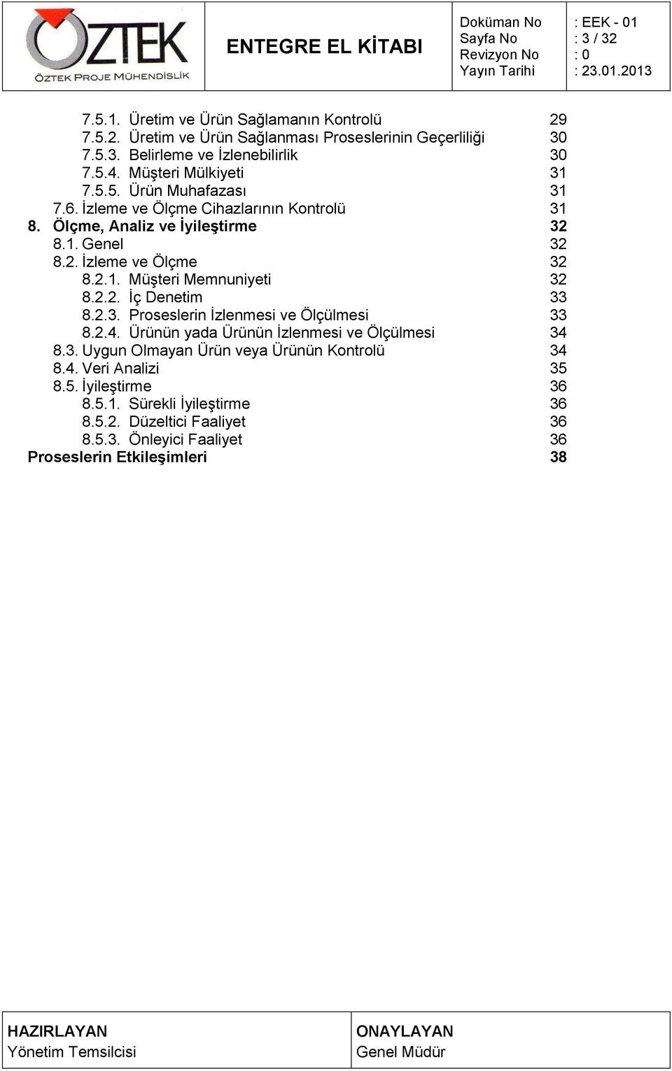 2.2. İç Denetim 33 8.2.3. Proseslerin İzlenmesi ve Ölçülmesi 33 8.2.4. Ürünün yada Ürünün İzlenmesi ve Ölçülmesi 34 8.3. Uygun Olmayan Ürün veya Ürünün Kontrolü 34 8.4. Veri Analizi 35 8.