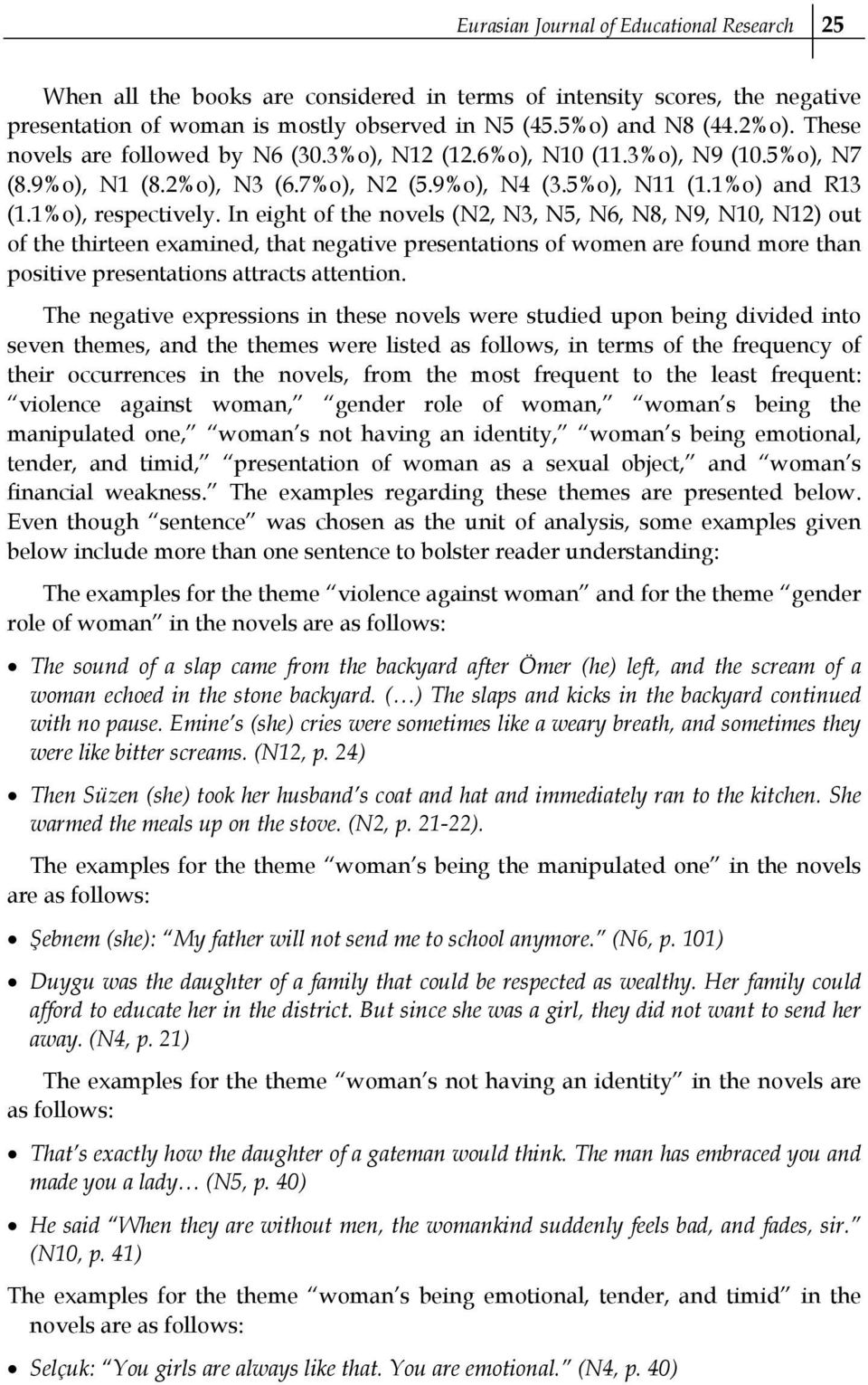 In eight of the novels (N2, N3, N5, N6, N8, N9, N10, N12) out of the thirteen examined, that negative presentations of women are found more than positive presentations attracts attention.