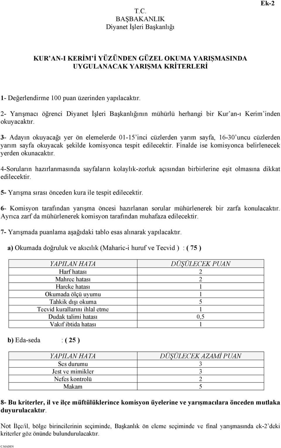 3- Adayın okuyacağı yer ön elemelerde 01-15 inci cüzlerden yarım sayfa, 16-30 uncu cüzlerden yarım sayfa okuyacak şekilde komisyonca tespit edilecektir.