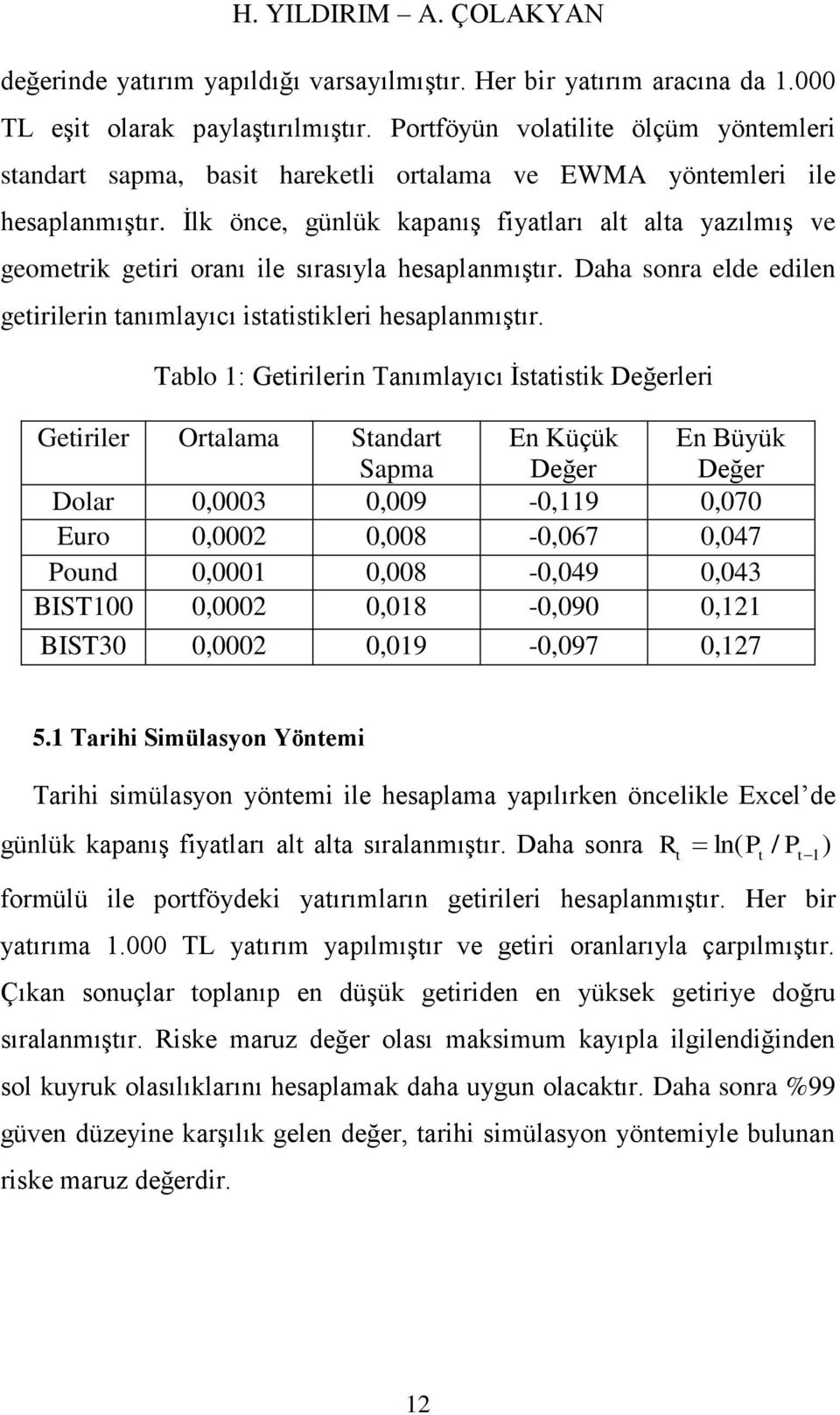 İlk önce, günlük kapanış fiyatları alt alta yazılmış ve geometrik getiri oranı ile sırasıyla hesaplanmıştır. Daha sonra elde edilen getirilerin tanımlayıcı istatistikleri hesaplanmıştır.