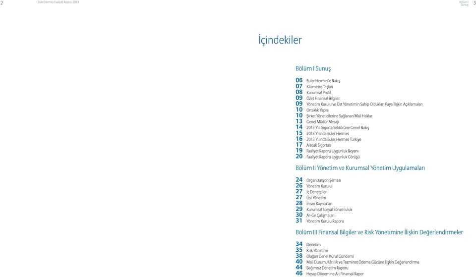 Euler Hermes 16 2013 Yılında Euler Hermes Türkiye 17 Alacak Sigortası 19 Faaliyet Raporu Uygunluk Beyanı 20 Faaliyet Raporu Uygunluk Görüşü Bölüm II Yönetim ve Kurumsal Yönetim Uygulamaları 24