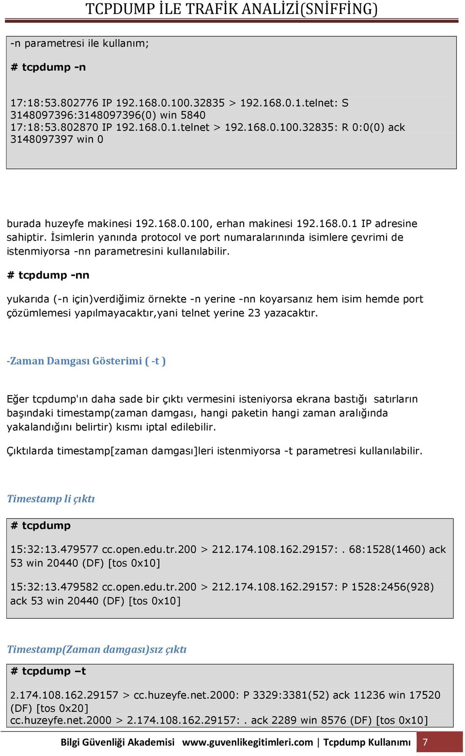 # tcpdump -nn yukarıda (-n için)verdiğimiz örnekte -n yerine -nn koyarsanız hem isim hemde port çözümlemesi yapılmayacaktır,yani telnet yerine 23 yazacaktır.