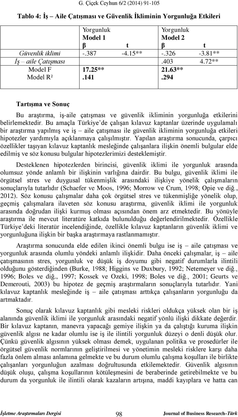 Bu amaçla Türkiye de çalışan kılavuz kaptanlar üzerinde uygulamalı bir araştırma yapılmış ve iş aile çatışması ile güvenlik ikliminin yorgunluğa etkileri hipotezler yardımıyla açıklanmaya