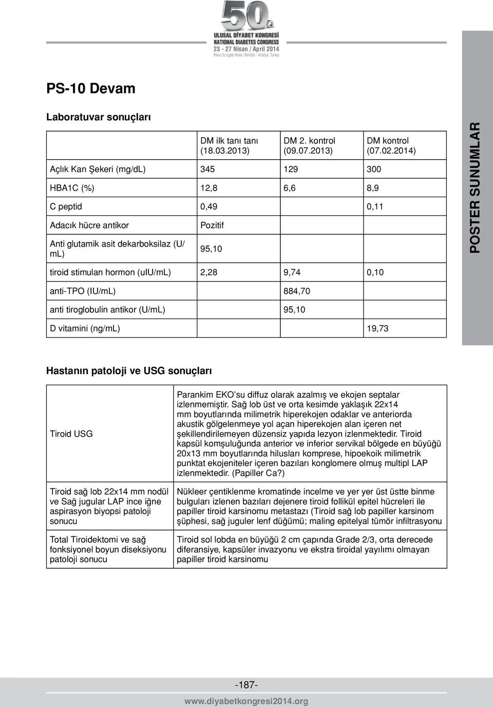 (uiu/ml),8 9,74 0,0 anti-tpo (IU/mL) 884,70 anti tiroglobulin antikor (U/mL) 95,0 D vitamini (ng/ml) 9,73 Hastanın patoloji ve USG sonuçları Tiroid USG Tiroid sağ lob x4 mm nodül ve Sağ jugular LAP