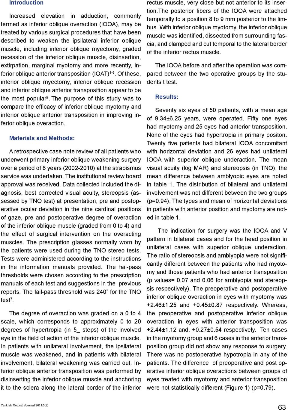 transposition (IOAT) 1-6. Of these, inferior oblique myectomy, inferior oblique recession and inferior oblique anterior transposition appear to be the most popular 2.