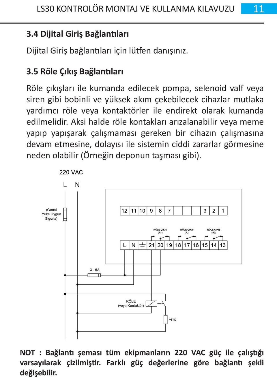 5 Röle Çıkış Bağlantıları Röle çıkışları ile kumanda edilecek pompa, selenoid valf veya siren gibi bobinli ve yüksek akım çekebilecek cihazlar mutlaka yardımcı röle veya kontaktörler ile endirekt