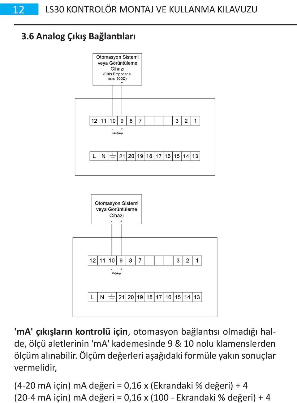 20 19 18 17 16 15 14 13 'ma' çıkışların kontrolü için, otomasyon bağlantısı olmadığı halde, ölçü aletlerinin 'ma' kademesinde 9 & 10 nolu klamenslerden ölçüm