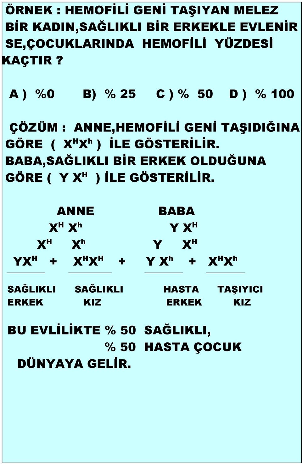 BABA,SAĞLIKLI BİR ERKEK OLDUĞUNA GÖRE ( Y X H ) İLE GÖSTERİLİR.