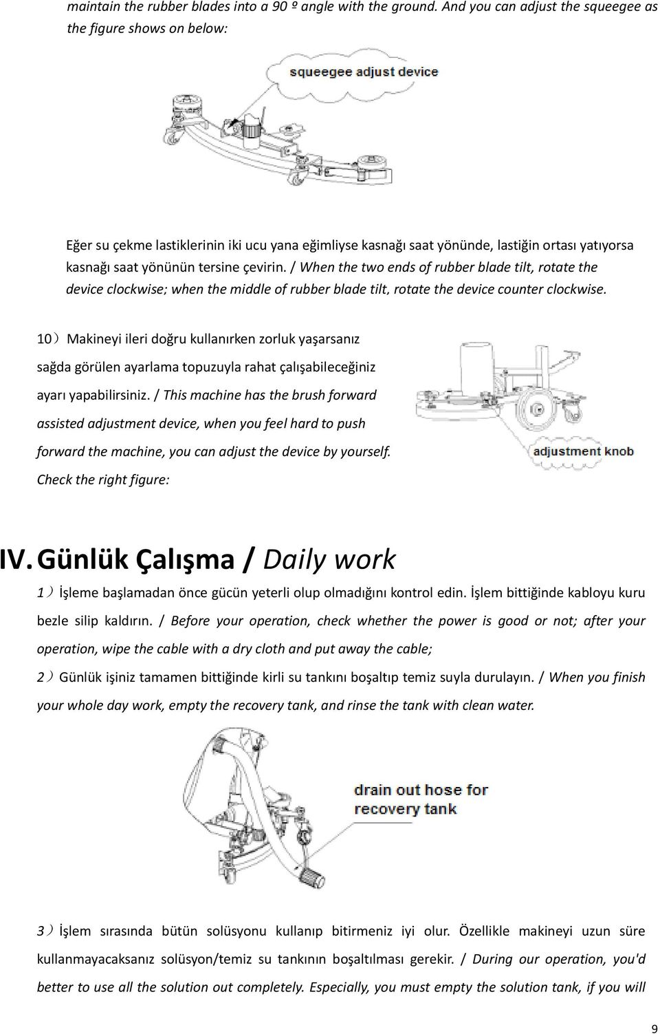 / When the two ends of rubber blade tilt, rotate the device clockwise; when the middle of rubber blade tilt, rotate the device counter clockwise.