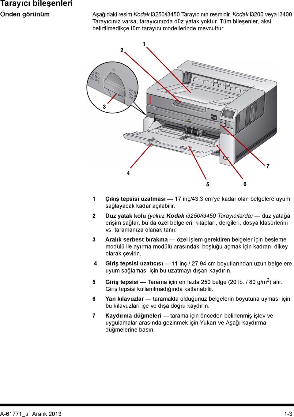 2 Düz yatak kolu (yalnız Kodak i3250/i3450 Tarayıcılarda) düz yatağa erişim sağlar; bu da özel belgeleri, kitapları, dergileri, dosya klasörlerini vs. taramanıza olanak tanır.