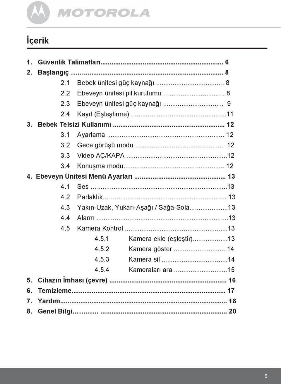 Ebeveyn Ünitesi Menü Ayarları... 13 4.1 Ses...13 4.2 Parlaklık... 13 4.3 Yakın-Uzak, Yukarı-Aşağı / Sağa-Sola...13 4.4 Alarm...13 4.5 Kamera Kontrol...13 4.5.1 Kamera ekle (eşleştir).