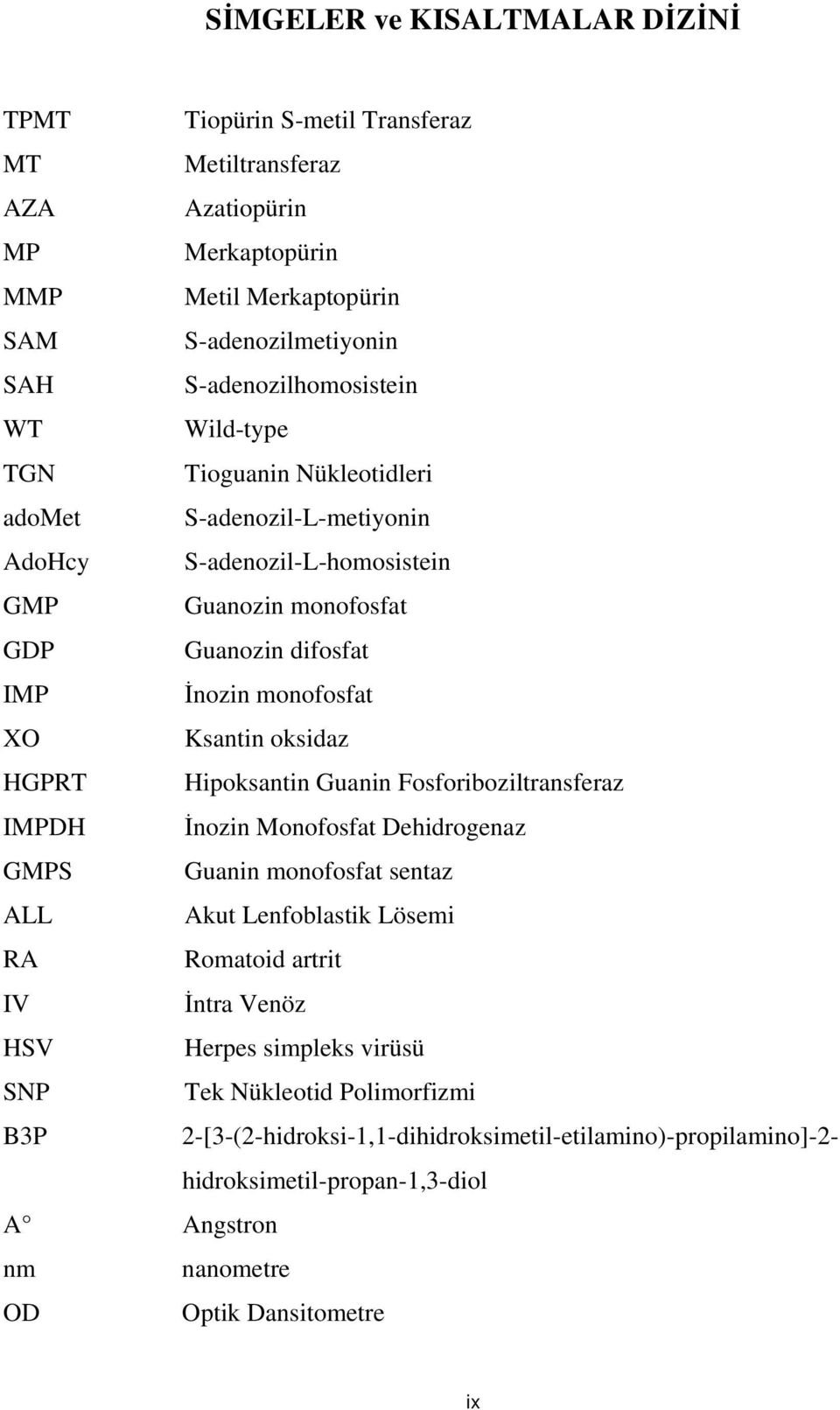 HGPRT Hipoksantin Guanin Fosforiboziltransferaz IMPDH İnozin Monofosfat Dehidrogenaz GMPS Guanin monofosfat sentaz ALL Akut Lenfoblastik Lösemi RA Romatoid artrit IV İntra Venöz HSV Herpes