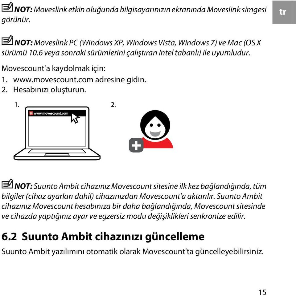 NOT: Suunto Ambit cihazınız Movescount sitesine ilk kez bağlandığında, tüm bilgiler (cihaz ayarları dahil) cihazınızdan Movescount'a aktarılır.