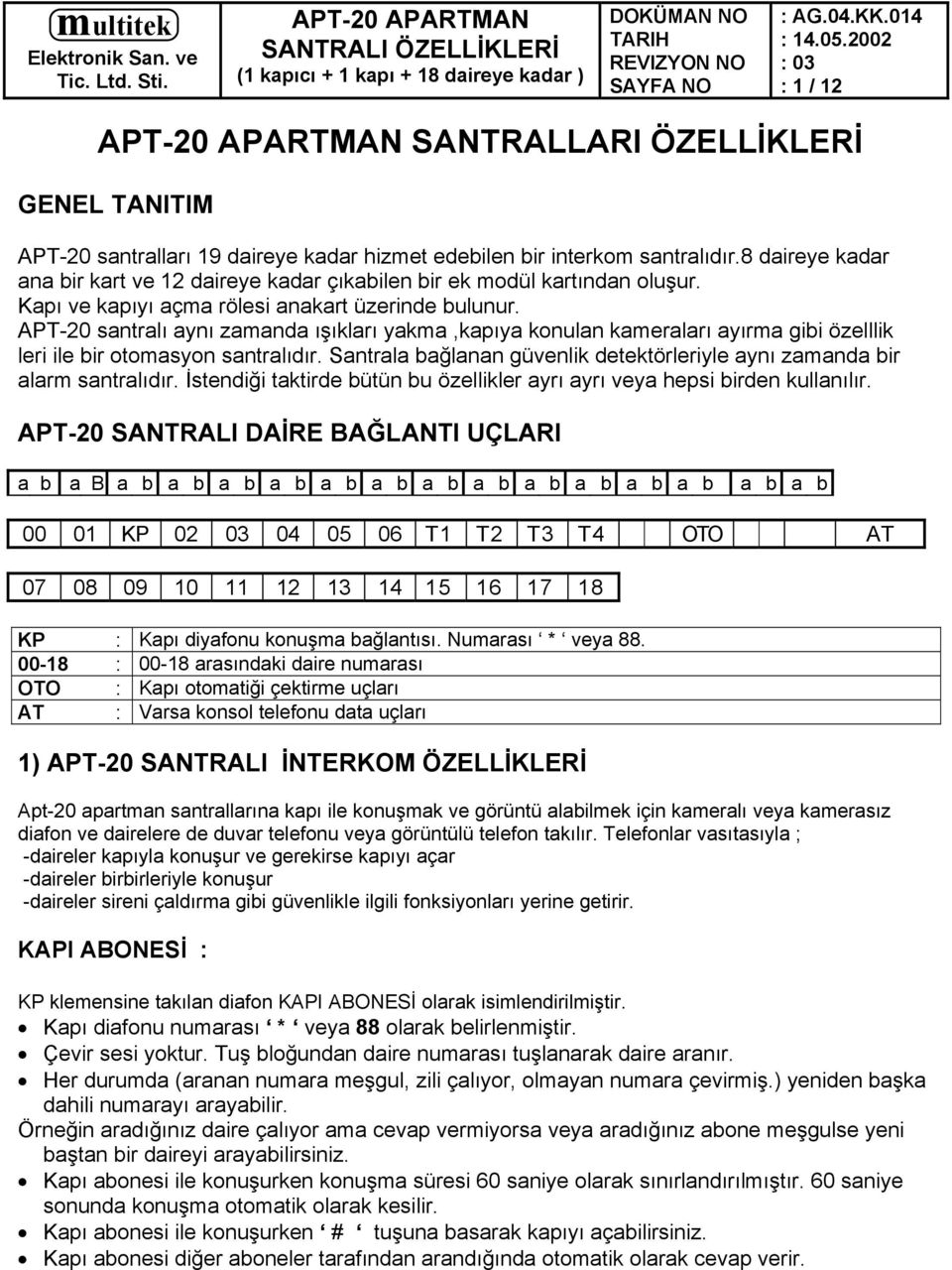 APT-20 santralı aynı zamanda ışıkları yakma,kapıya konulan kameraları ayırma gibi özelllik leri ile bir otomasyon santralıdır.