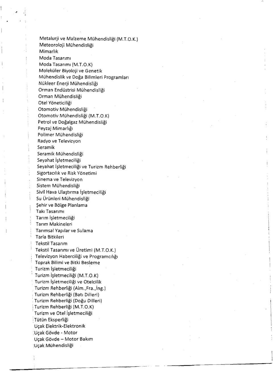 K) Moleküler Biyoloji ve Genetik Mühendislik ve Doğa Bilimleri Programları Nükleer Enerji Mühendisliği Orman Endüstrisi Mühendisliği Orman Mühendisliği Otel Yöneticiliği Otomotiv Mühendisliği
