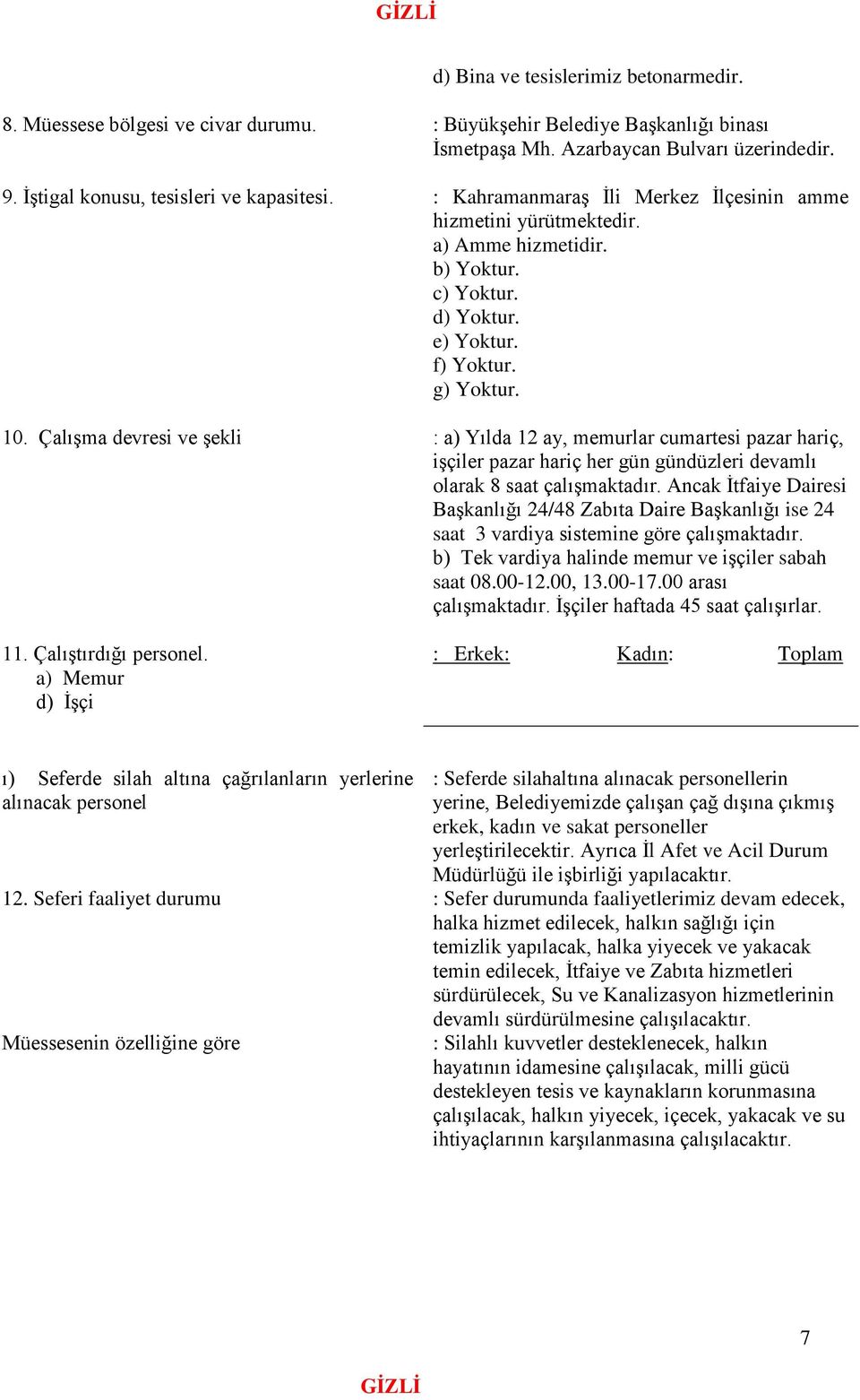 Çalışma devresi ve şekli : a) Yılda 12 ay, memurlar cumartesi pazar hariç, işçiler pazar hariç her gün gündüzleri devamlı olarak 8 saat çalışmaktadır.