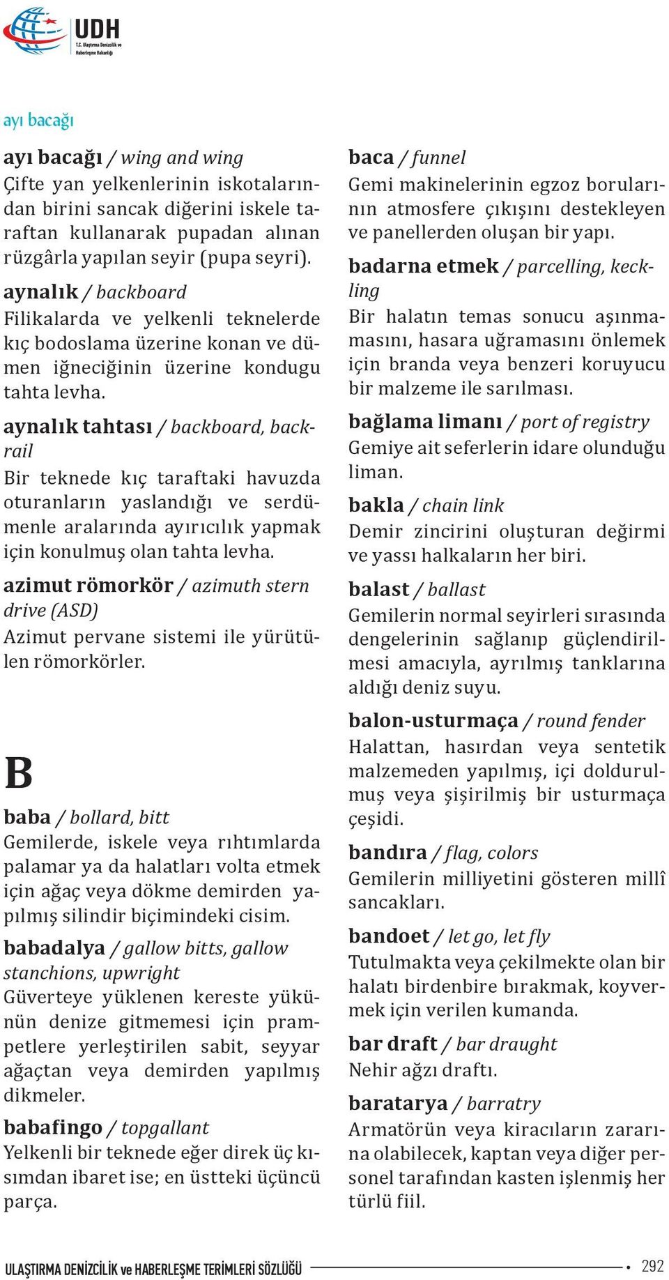 aynalık tahtası / backboard, backrail Bir teknede kıç taraftaki havuzda oturanların yaslandığı ve serdümenle aralarında ayırıcılık yapmak için konulmuş olan tahta levha.