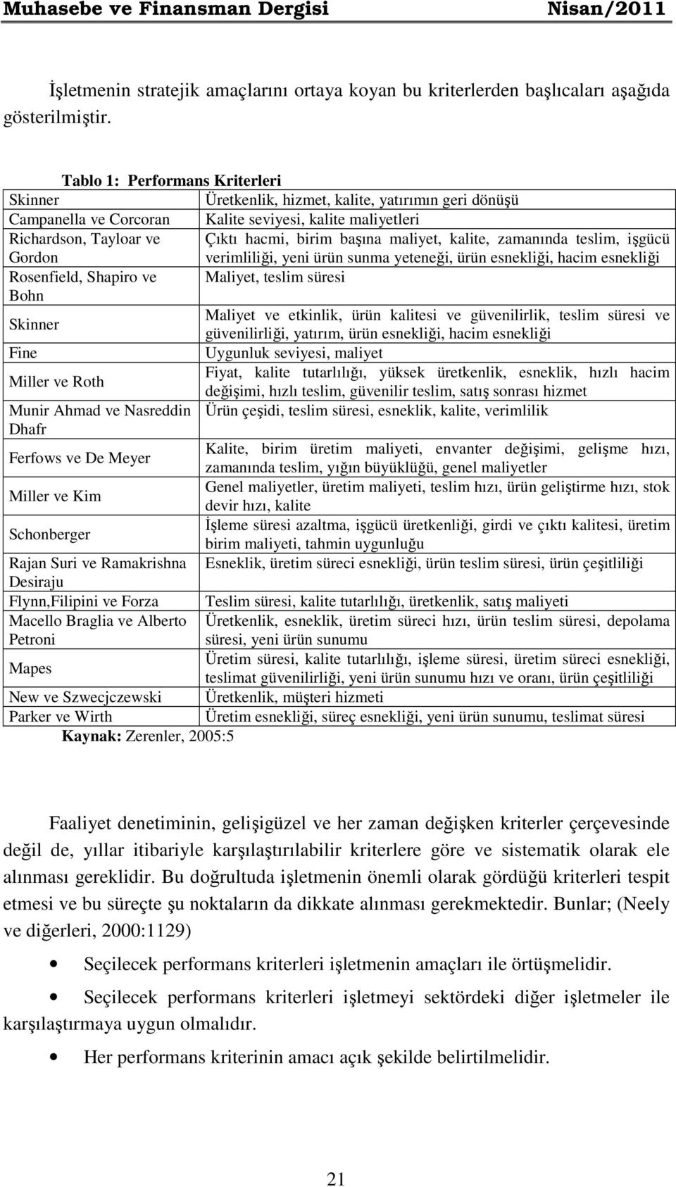 başına maliyet, kalite, zamanında teslim, işgücü verimliliği, yeni ürün sunma yeteneği, ürün esnekliği, hacim esnekliği Rosenfield, Shapiro ve Maliyet, teslim süresi Bohn Skinner Maliyet ve etkinlik,