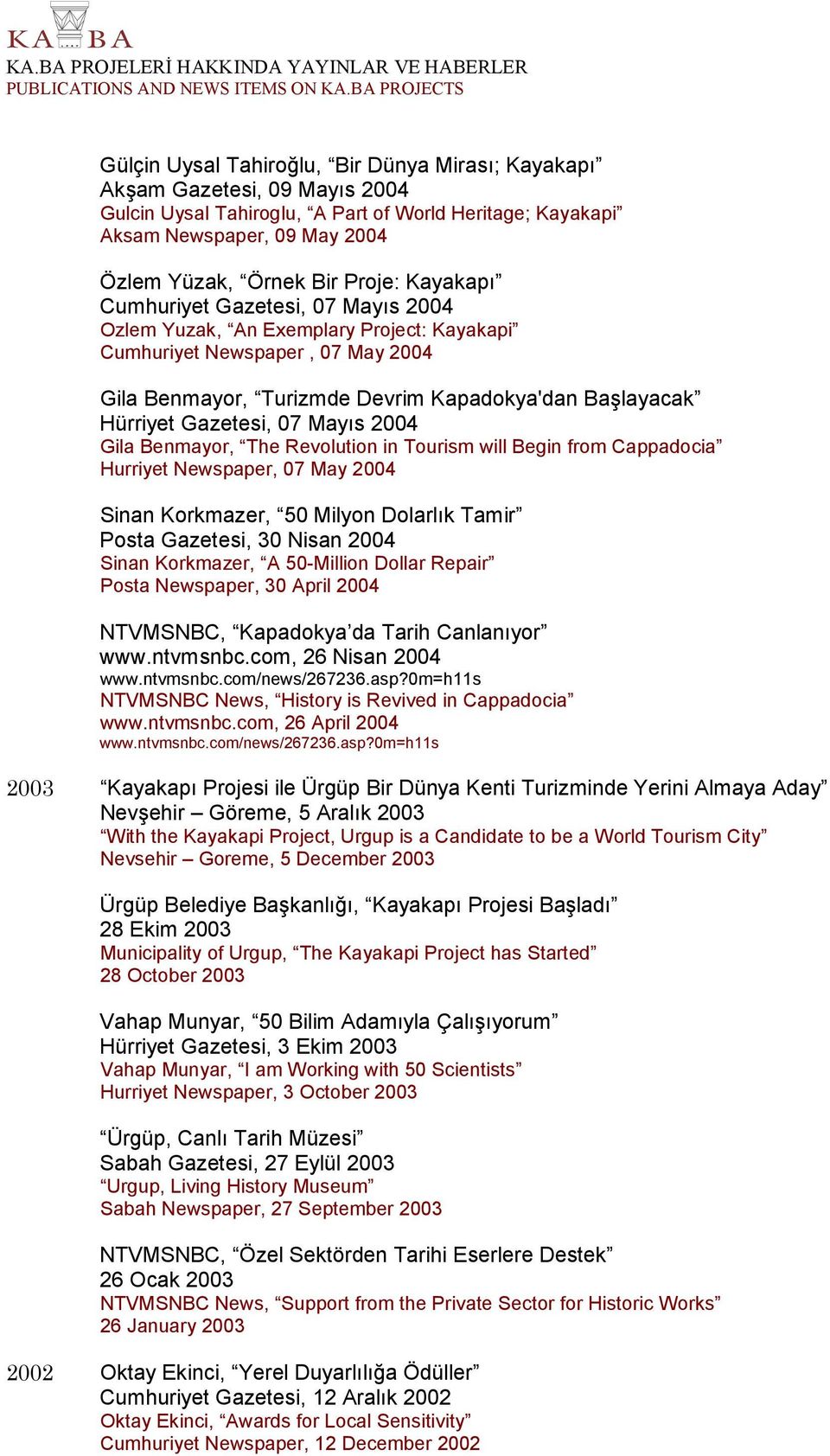 Mayıs 2004 Gila Benmayor, The Revolution in Tourism will Begin from Cappadocia Hurriyet Newspaper, 07 May 2004 Sinan Korkmazer, 50 Milyon Dolarlık Tamir Posta Gazetesi, 30 Nisan 2004 Sinan Korkmazer,