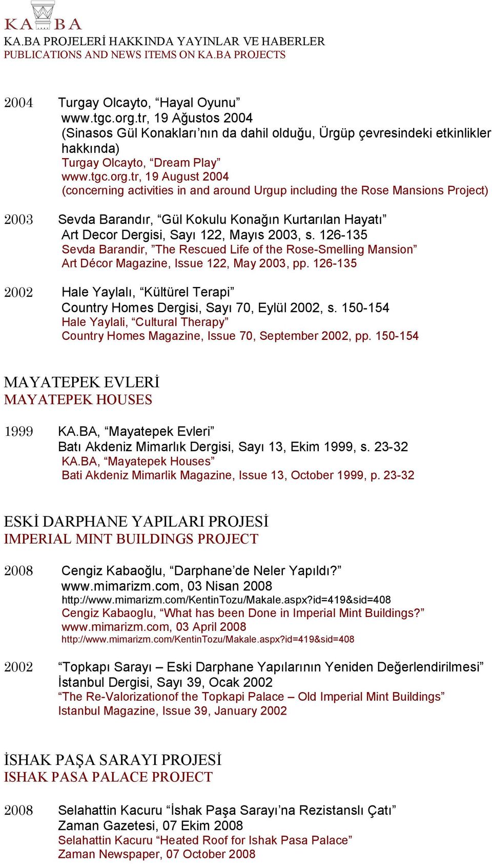 tr, 19 August 2004 (concerning activities in and around Urgup including the Rose Mansions Project) Sevda Barandır, Gül Kokulu Konaın Kurtarılan Hayatı Art Decor Dergisi, Sayı 122, Mayıs 2003, s.