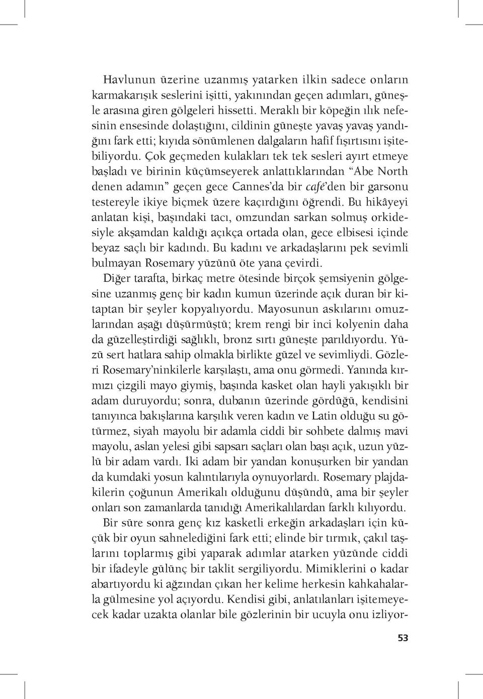 Çok geçmeden kulakları tek tek sesleri ayırt etmeye başladı ve birinin küçümseyerek anlattıklarından Abe North denen adamın geçen gece Cannes da bir café den bir garsonu testereyle ikiye biçmek üzere