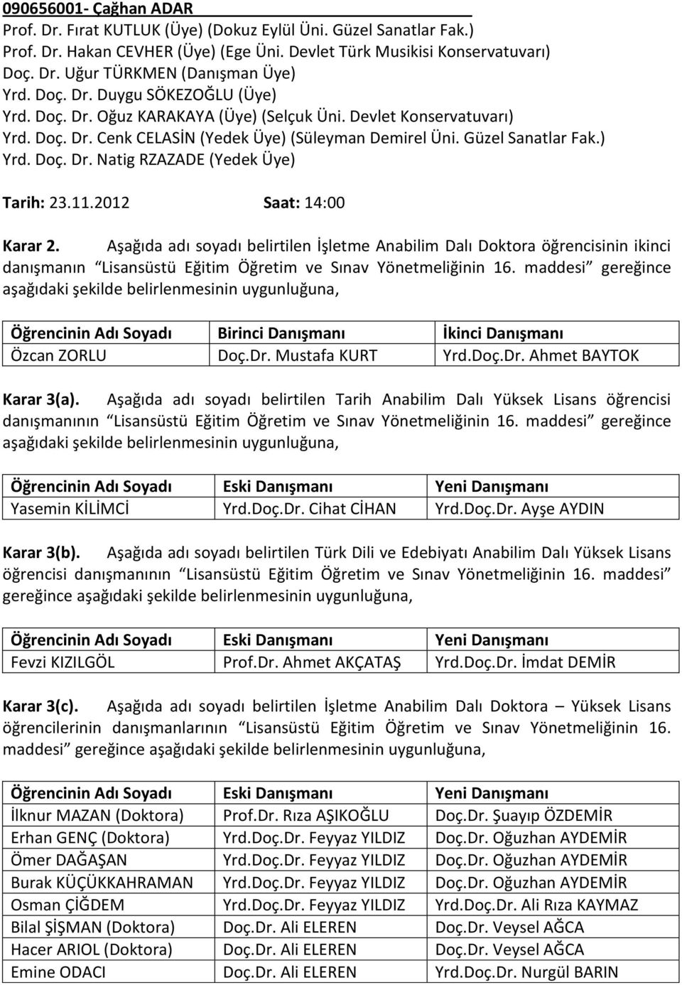 11.2012 Saat: 14:00 Karar 2. Aşağıda adı soyadı belirtilen İşletme Anabilim Dalı Doktora öğrencisinin ikinci danışmanın Lisansüstü Eğitim Öğretim ve Sınav Yönetmeliğinin 16.