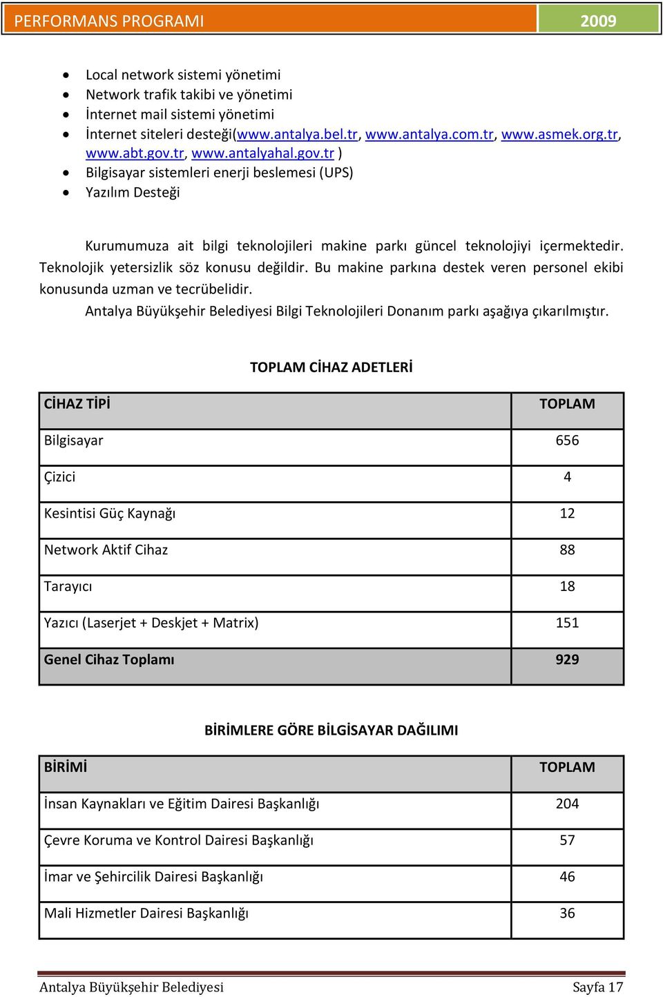 Bu makine parkına destek veren personel ekibi konusunda uzman ve tecrübelidir. Antalya Büyükşehir Belediyesi Bilgi Teknolojileri Donanım parkı aşağıya çıkarılmıştır.