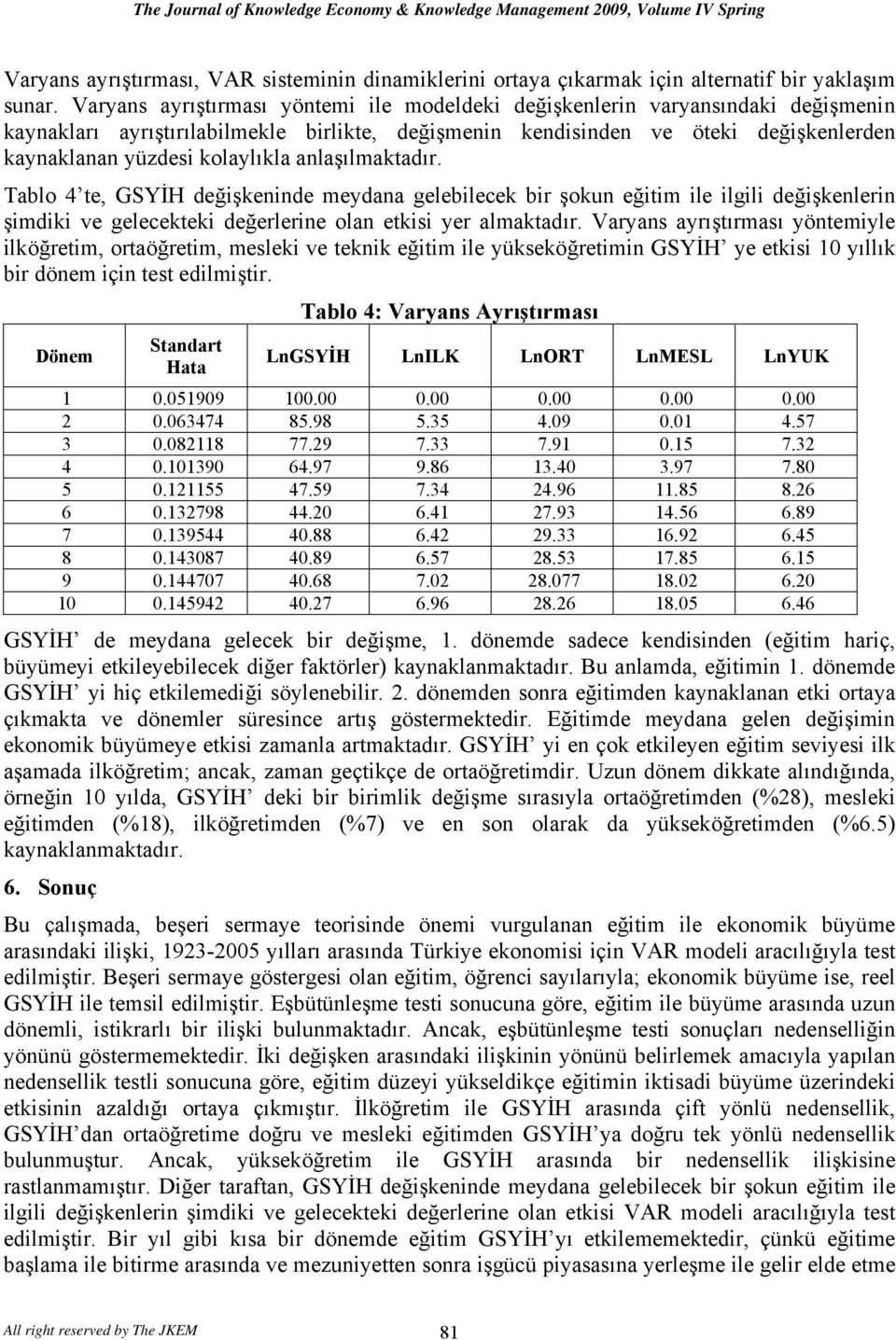 kolaylıkla anlaşılmaktadır. Tablo 4 te, GSYİH değişkeninde meydana gelebilecek bir şokun eğitim ile ilgili değişkenlerin şimdiki ve gelecekteki değerlerine olan etkisi yer almaktadır.