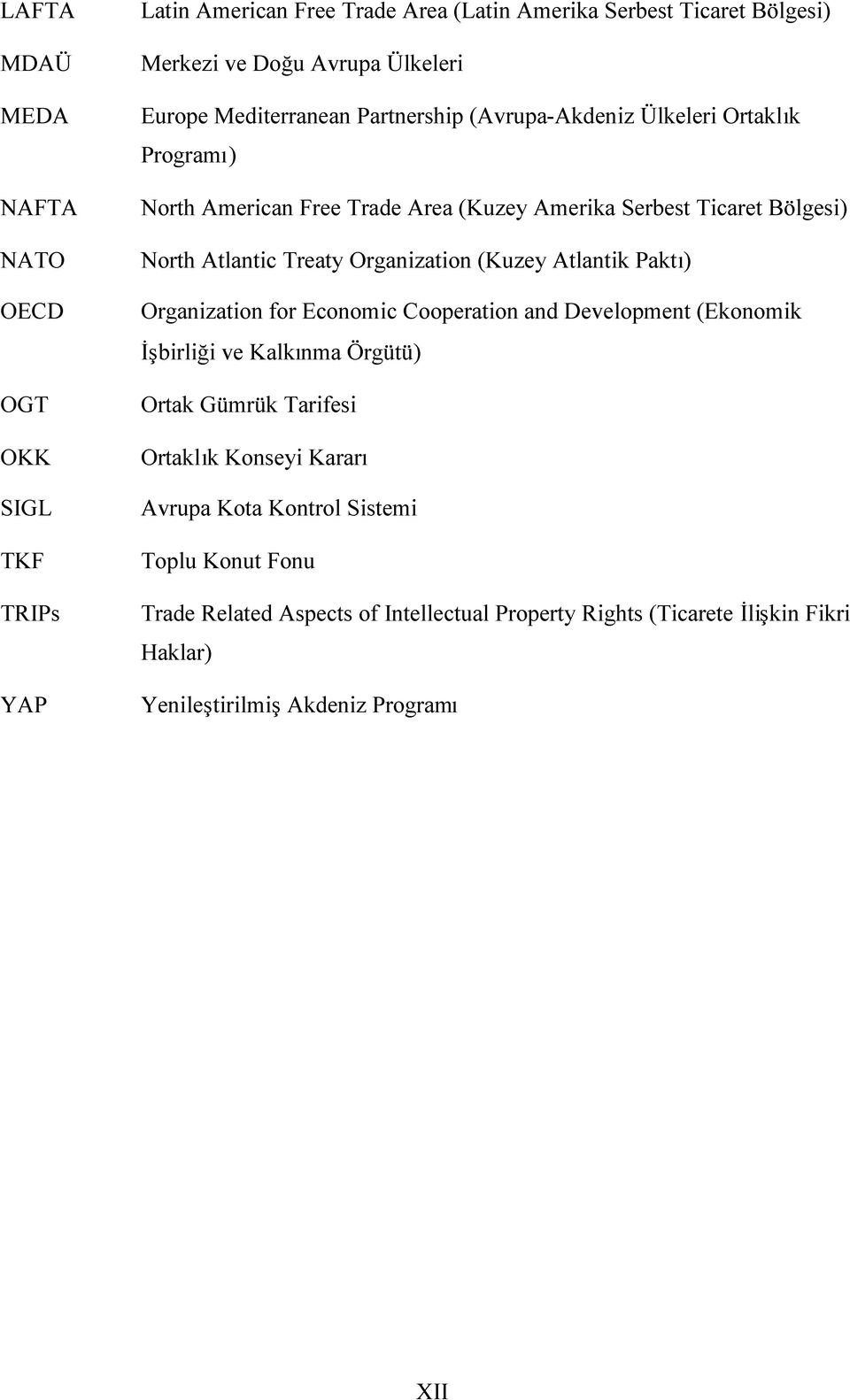 Organization (Kuzey Atlantik Paktı) Organization for Economic Cooperation and Development (Ekonomik İşbirliği ve Kalkınma Örgütü) Ortak Gümrük Tarifesi Ortaklık Konseyi