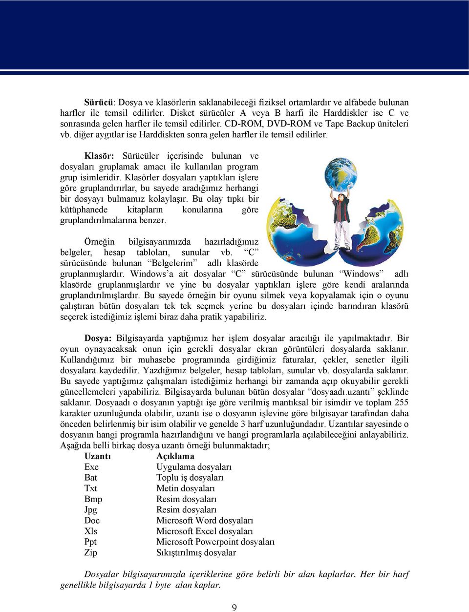 diğer aygıtlar ise Harddiskten sonra gelen harfler ile temsil edilirler. Klasör: Sürücüler içerisinde bulunan ve dosyaları gruplamak amacı ile kullanılan program grup isimleridir.