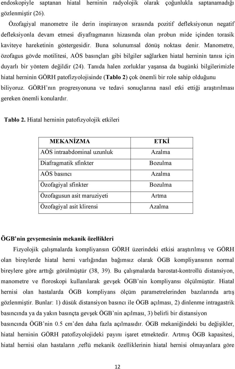 göstergesidir. Buna solunumsal dönüş noktası denir. Manometre, özofagus gövde motilitesi, AÖS basınçları gibi bilgiler sağlarken hiatal herninin tanısı için duyarlı bir yöntem değildir (24).