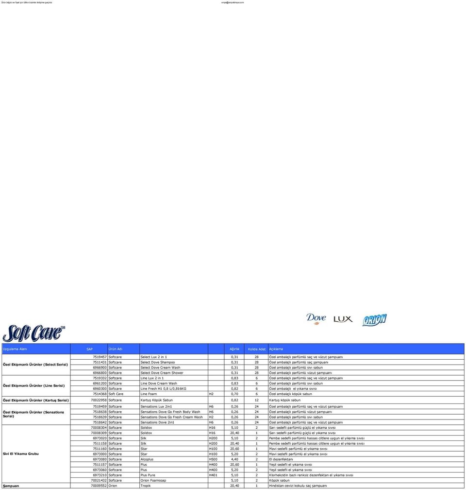 Softcare Line Lux 2 in 1 0,83 6 Özel ambalajlı parfümlü saç ve vücut şampuanı Özel Ekipmanlı Ürünler (Line Serisi) 6961200 Softcare Line Dove Cream Wash 0,83 6 Özel ambalajlı parfümlü sıvı sabun