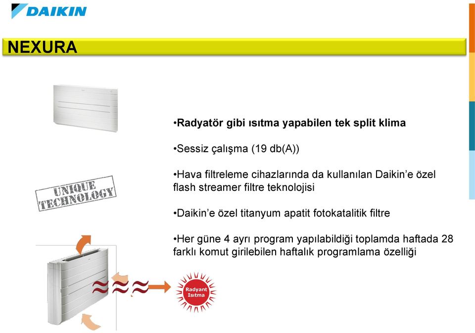 Daikin e özel titanyum apatit fotokatalitik filtre Her güne 4 ayrı program yapılabildiği