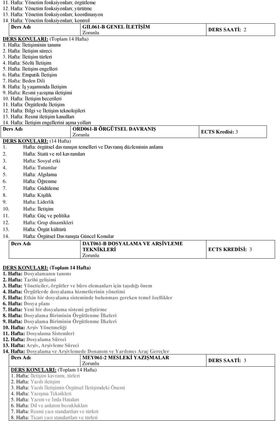 Hafta: İş yaşamında İletişim 9. Hafta: Resmi yazışma iletişimi 10. Hafta: İletişim becerileri 11. Hafta: Örgütlerde İletişim 1. Hafta: Bilgi ve İletişim teknolojileri 1.