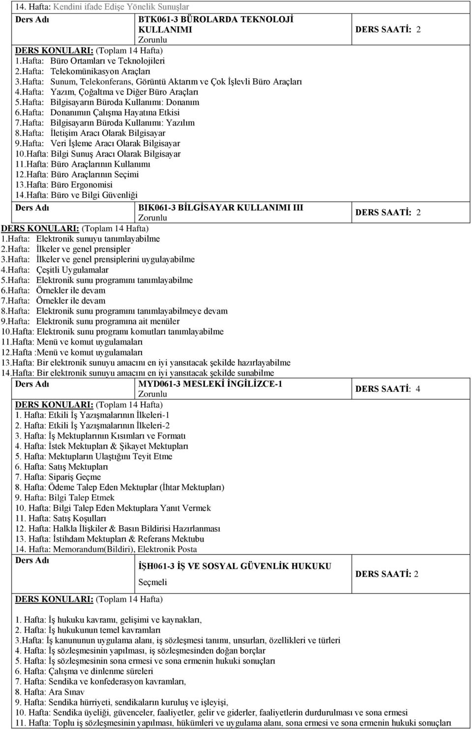 Hafta: Donanımın Çalışma Hayatına Etkisi 7.Hafta: Bilgisayarın Büroda Kullanımı: Yazılım 8.Hafta: İletişim Aracı Olarak Bilgisayar 9.Hafta: Veri İşleme Aracı Olarak Bilgisayar 10.