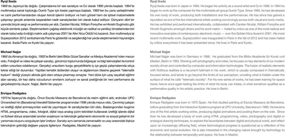 kabul ediliyor. Dünyanın dört bir yanında birçok sergi ve performansta yer aldı, Carsten Nicolai, William Forsythe ve Hiroshi Sugimoto gibi büyük isimlerle çalıştı.