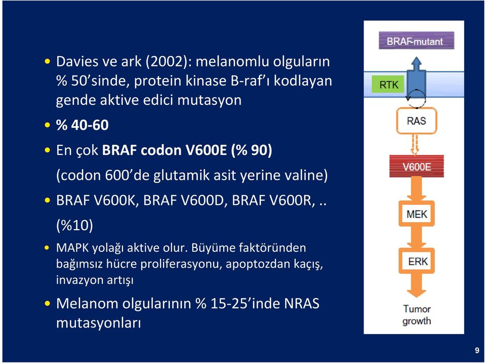 BRAF V600K, BRAF V600D, BRAF V600R,.. (%10) MAPK yolağı aktive olur.