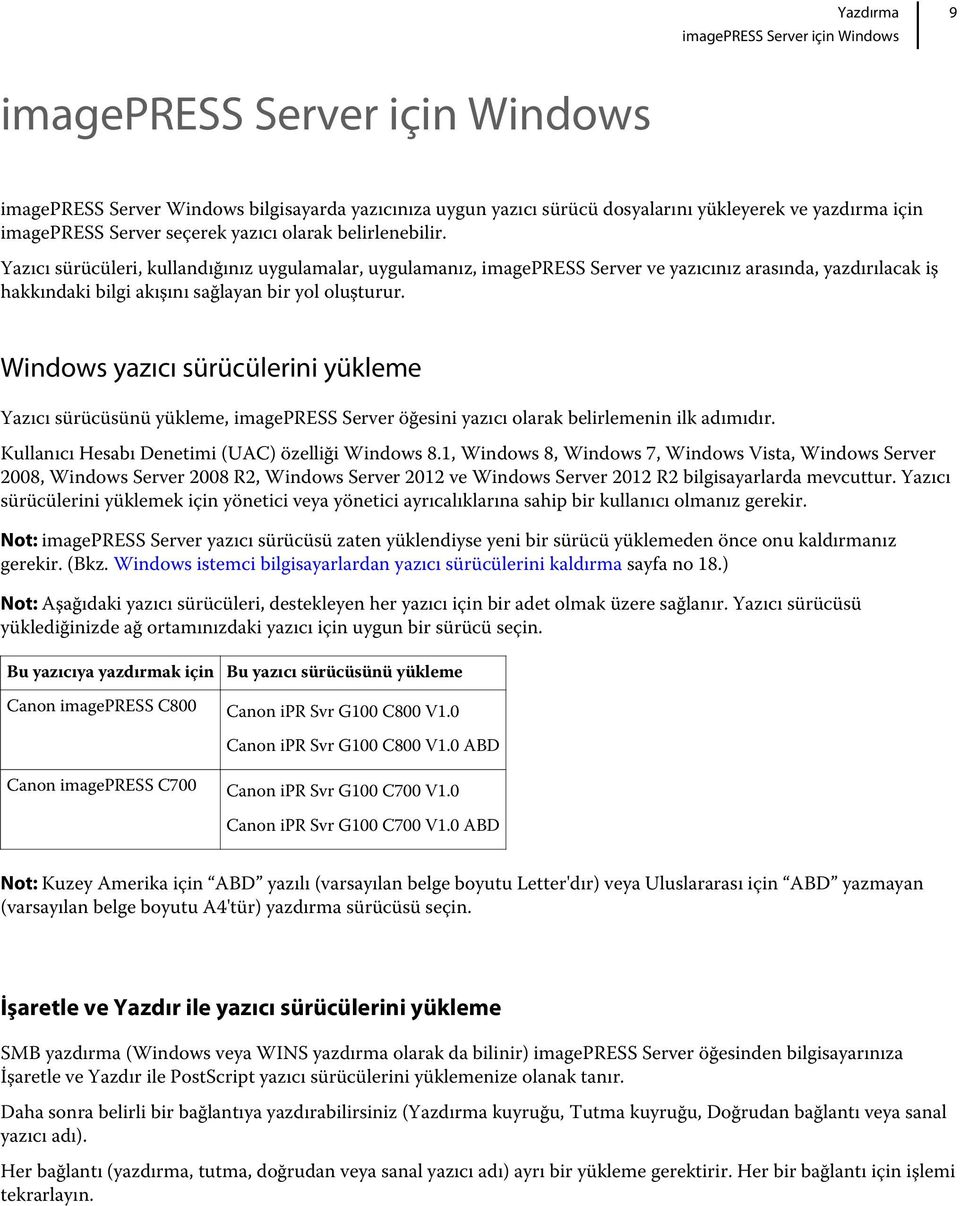 Windows yazıcı sürücülerini yükleme Yazıcı sürücüsünü yükleme, imagepress Server öğesini yazıcı olarak belirlemenin ilk adımıdır. Kullanıcı Hesabı Denetimi (UAC) özelliği Windows 8.