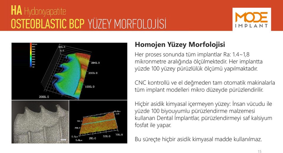 CNC kontrollü ve el değmeden tam otomatik makinalarla tüm implant modelleri mikro düzeyde pürüzlendirilir.