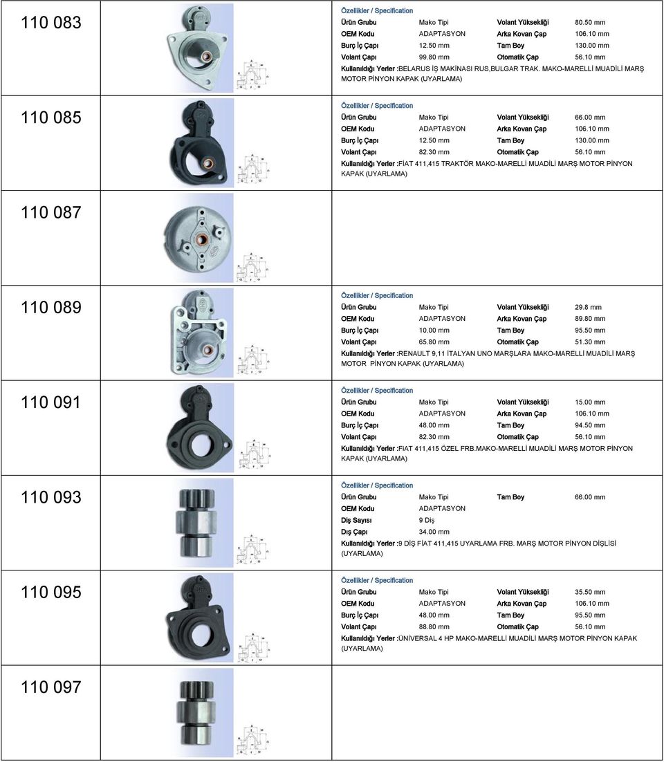 10 mm Kullanıldığı Yerler :FİAT 411,415 TRAKTÖR MAKO-MARELLİ MUADİLİ MARŞ MOTOR PİNYON (UYARLAMA) 110 087 110 089 110 091 110 093 110 095 Ürün Grubu Mako Tipi Volant Yüksekliği 29.