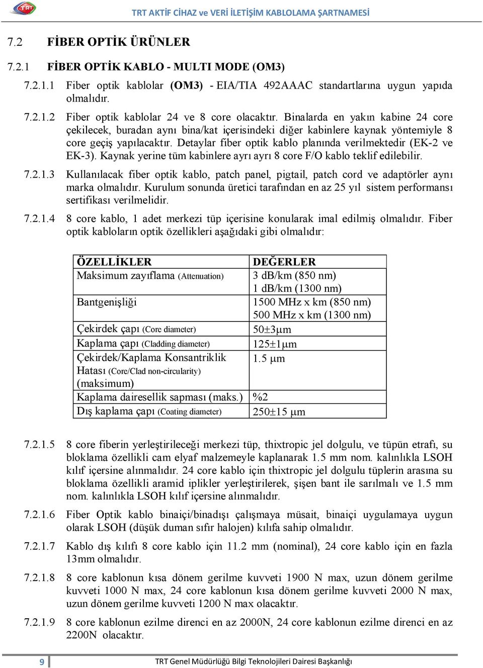 Detaylar fiber optik kablo planında verilmektedir (EK-2 ve EK-3). Kaynak yerine tüm kabinlere ayrı ayrı 8 core F/O kablo teklif edilebilir. 7.2.1.